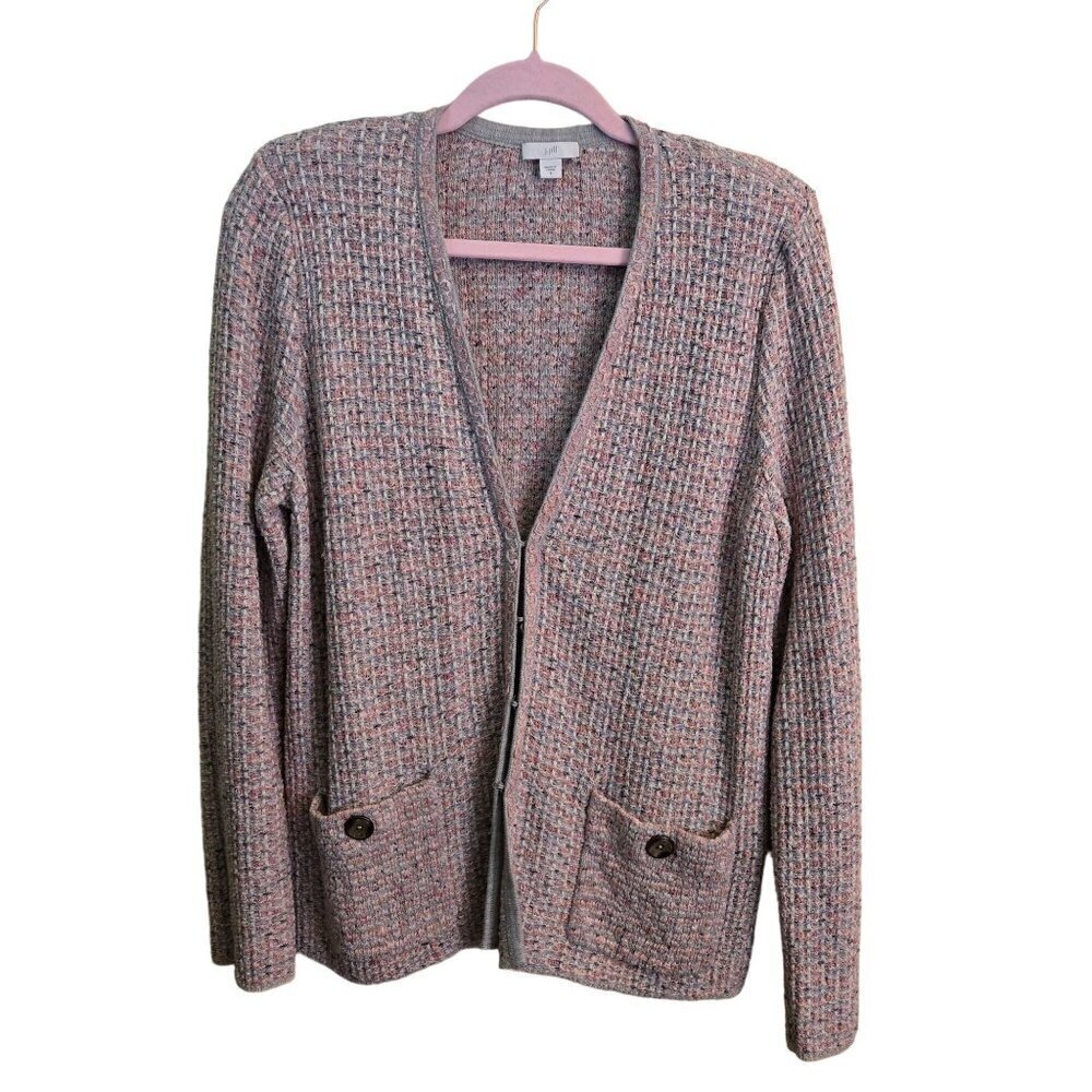 J. Jill Tweed Pink Gray Cotton Blend V Neck Cardigan Sweater Size S